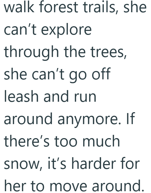 walk forest trails, she can't explore through the trees, she can't go off leash and run around anymore. If there's too much snow, it's harder for her to move around.