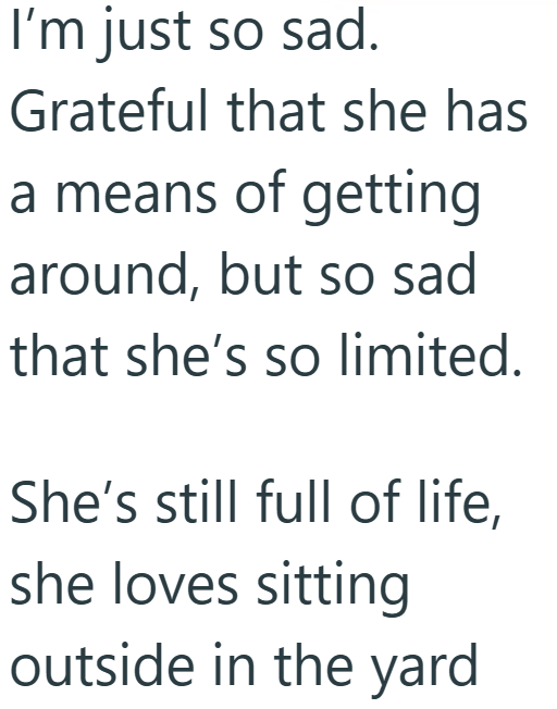I'm just so sad. Grateful that she has a means of getting around, but so sad that she's so limited. She's still full of life, she loves sitting outside in the yard