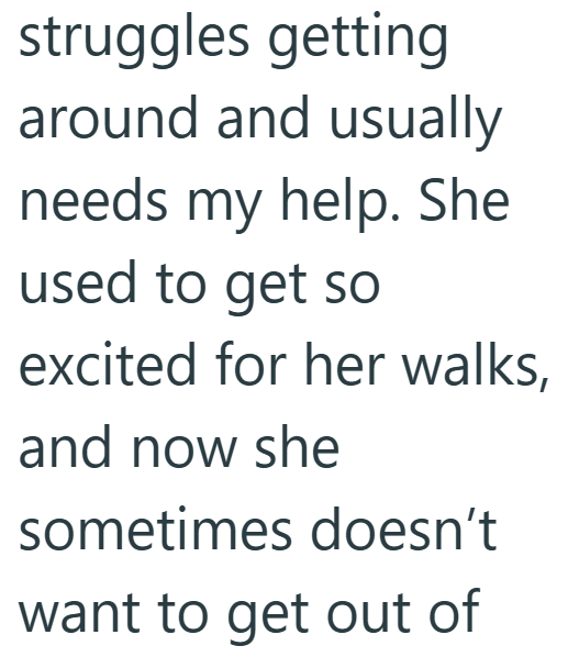 struggles getting around and usually needs my help. She used to get so excited for her walks, and now she sometimes doesn't want to get out of