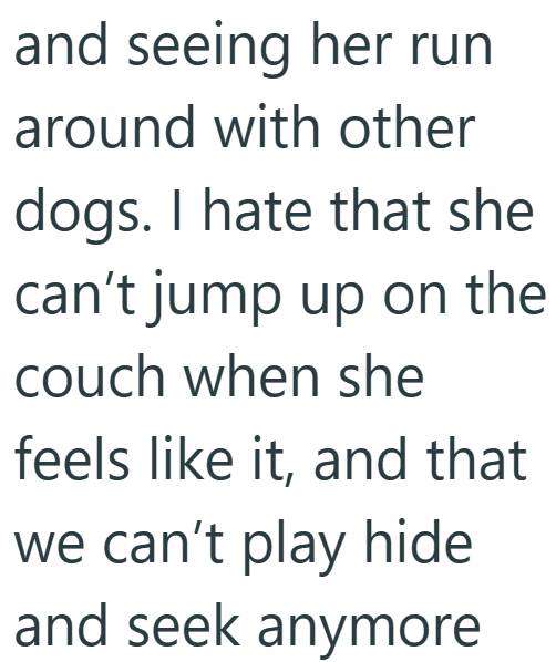 and seeing her run around with other dogs. I hate that she can't jump up on the couch when she feels like it, and that we can't play hide and seek anymore