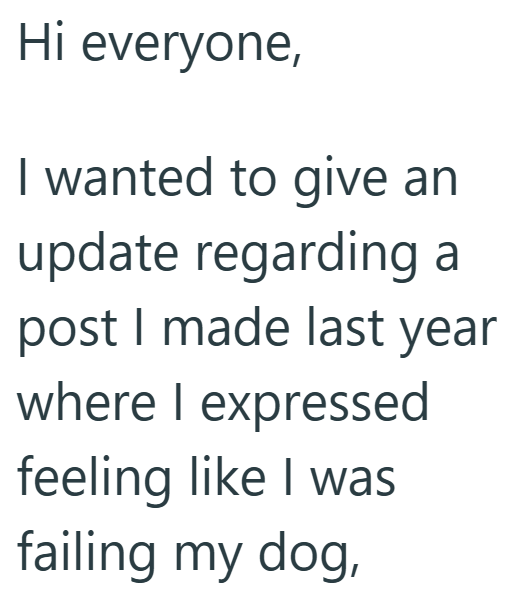 Hi everyone, I wanted to give an update regarding a post I made last year where I expressed feeling like I was failing my dog,