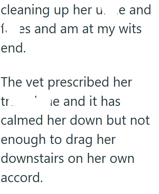 cleaning up her u. e and 1. es and am at my wits end. The vet prescribed her tr e and it has calmed her down but not enough to drag her downstairs on her own accord.