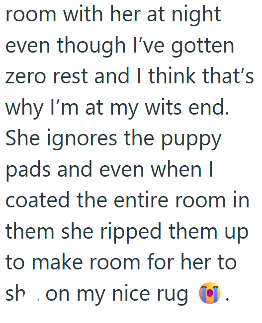 room with her at night even though I've gotten zero rest and I think that's why I'm at my wits end. She ignores the puppy pads and even when I coated the entire room in them she ripped them up to make room for her to sh on my nice rug