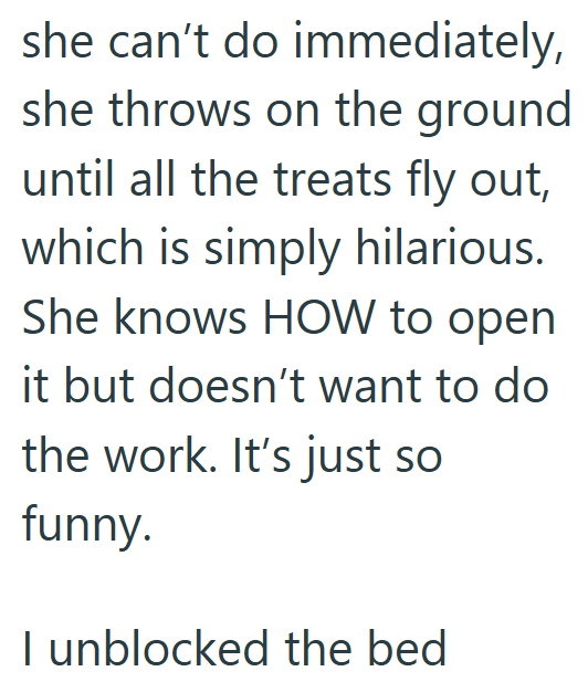 she can't do immediately, she throws on the ground until all the treats fly out, which is simply hilarious. She knows HOW to open it but doesn't want to do the work. It's just so funny. I unblocked the bed