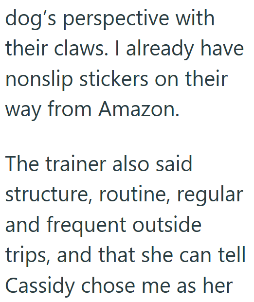 dog's perspective with their claws. I already have nonslip stickers on their way from Amazon. The trainer also said structure, routine, regular and frequent outside trips, and that she can tell Cassidy chose me as her