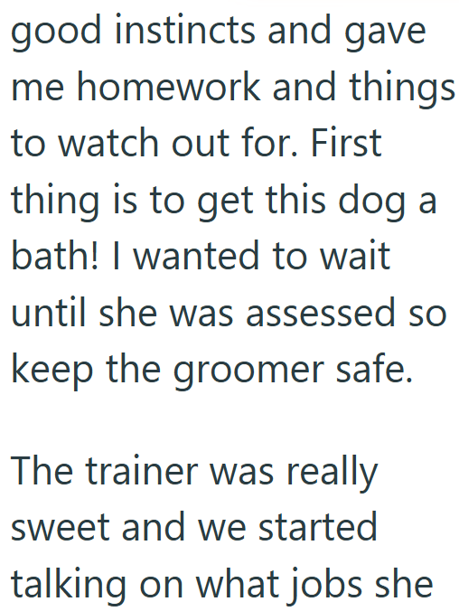 good instincts and gave me homework and things to watch out for. First thing is to get this dog a bath! I wanted to wait until she was assessed so keep the groomer safe. The trainer was really sweet and we started talking on what jobs she