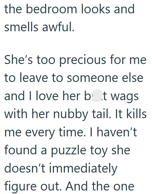 the bedroom looks and smells awful. She's too precious for me to leave to someone else and I love her bot wags with her nubby tail. It kills me every time. I haven't found a puzzle toy she doesn't immediately figure out. And the one