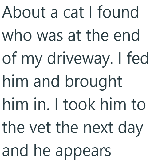 About a cat I found who was at the end of my driveway. I fed him and brought him in. I took him to the vet the next day and he appears