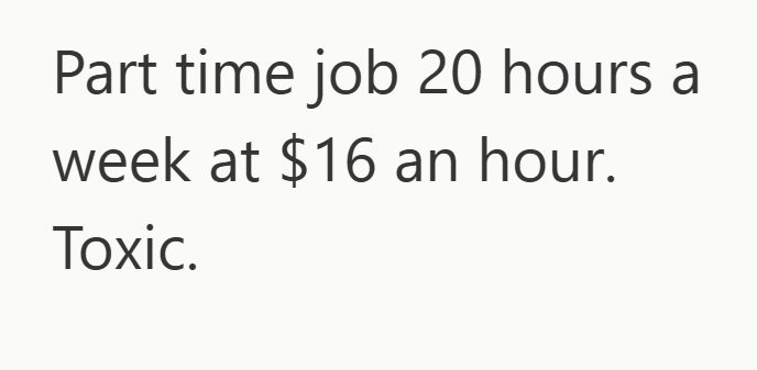 Part time job 20 hours a week at $16 an hour. Toxic.