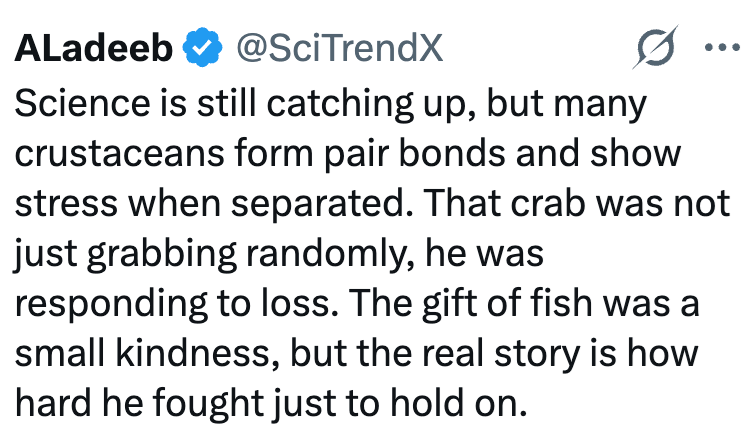 Aladeeb @SciTrendX 0 Science is still catching up, but many crustaceans form pair bonds and show stress when separated. That crab was not just grabbing randomly, he was responding to loss. The gift of fish was a small kindness, but the real story is how hard he fought just to hold on.