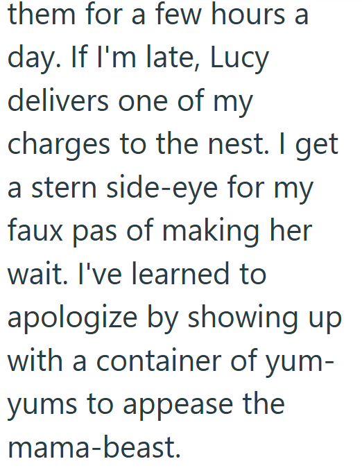 them for a few hours a day. If I'm late, Lucy delivers one of my charges to the nest. I get a stern side-eye for my faux pas of making her wait. I've learned to apologize by showing up with a container of yum- yums to appease the mama-beast.