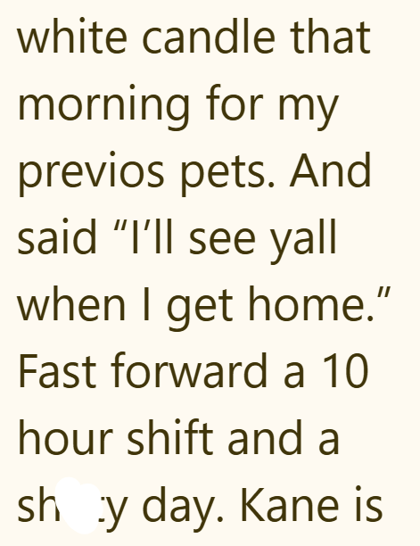 white candle that morning for my previos pets. And said "I'll see yall when I get home." Fast forward a 10 hour shift and a shy day. Kane is