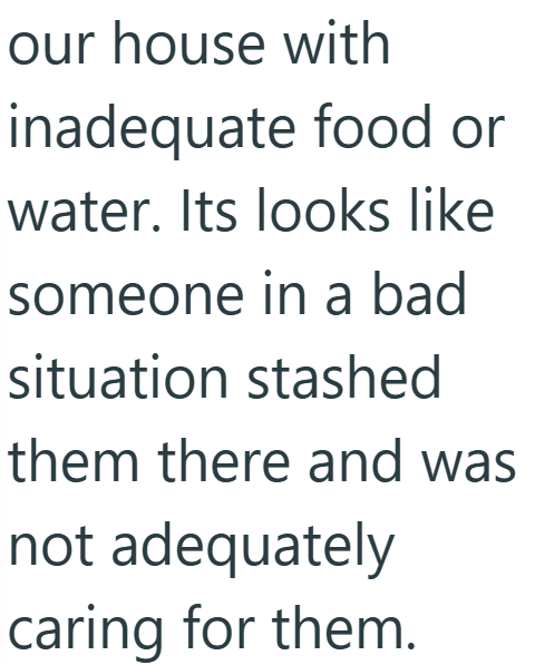 our house with inadequate food or water. Its looks like someone in a bad situation stashed them there and was not adequately caring for them.