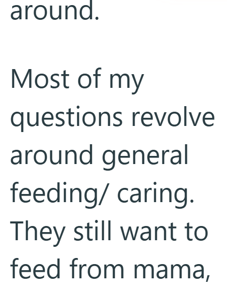 around. Most of my questions revolve around general feeding/ caring. They still want to feed from mama,