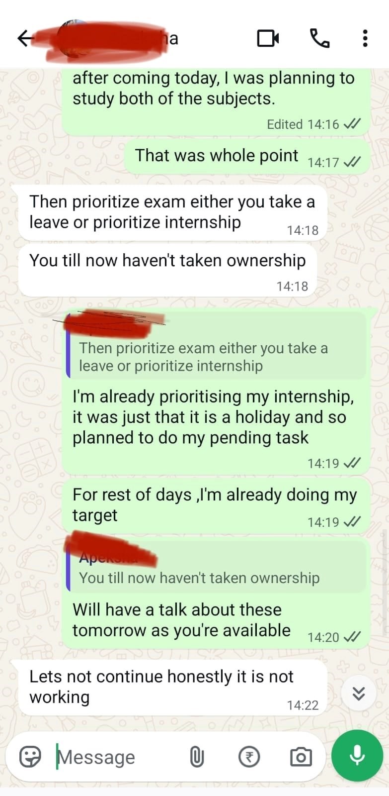This was a screenshot of the exchange provided by the intern when they shared their story