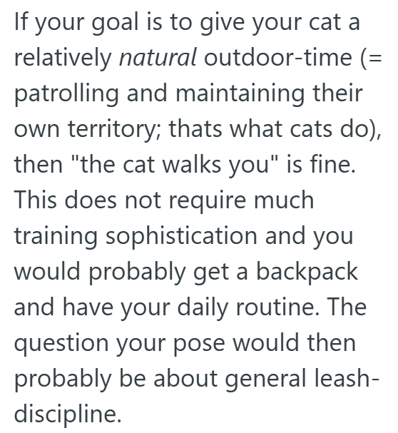 If your goal is to give your cat a relatively natural outdoor-time (= patrolling and maintaining their own territory; thats what cats do), then "the cat walks you" is fine. This does not require much training sophistication and you would probably get a backpack and have your daily routine. The question your pose would then probably be about general leash- discipline.