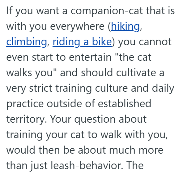 If you want a companion-cat that is with you everywhere (hiking, climbing, riding a bike) you cannot even start to entertain "the cat walks you" and should cultivate a very strict training culture and daily practice outside of established territory. Your question about training your cat to walk with you, would then be about much more than just leash-behavior. The