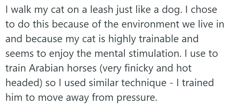 I walk my cat on a leash just like a dog. I chose to do this because of the environment we live in and because my cat is highly trainable and seems to enjoy the mental stimulation. I use to train Arabian horses (very finicky and hot headed) so I used similar technique - I trained him to move away from pressure.