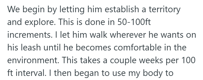 We begin by letting him establish a territory and explore. This is done in 50-100ft increments. I let him walk wherever he wants on his leash until he becomes comfortable in the environment. This takes a couple weeks per 100 ft interval. I then began to use my body to