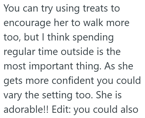 You can try using treats to encourage her to walk more too, but I think spending regular time outside is the most important thing. As she gets more confident you could vary the setting too. She is adorable!! Edit: you could also
