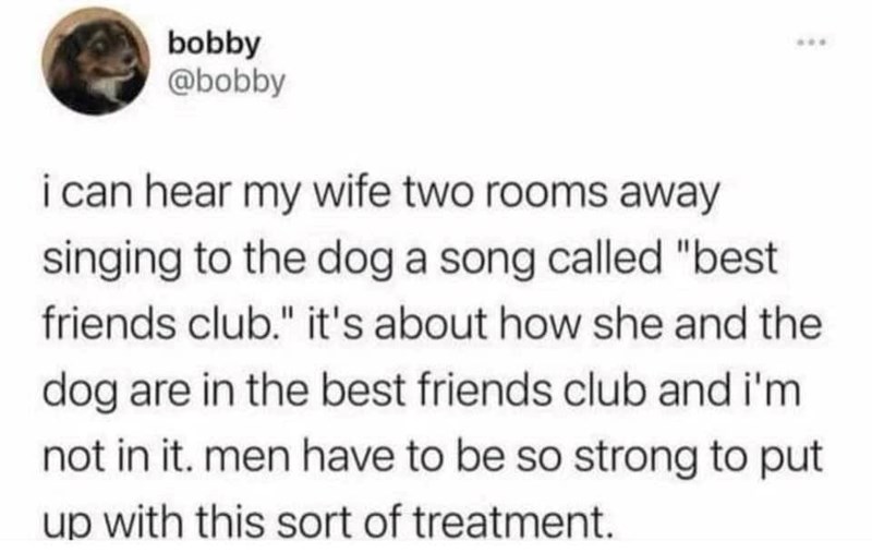 bobby @bobby i can hear my wife two rooms away singing to the dog a song called "best friends club." it's about how she and the dog are in the best friends club and i'm not in it. men have to be so strong to put up with this sort of treatment.
