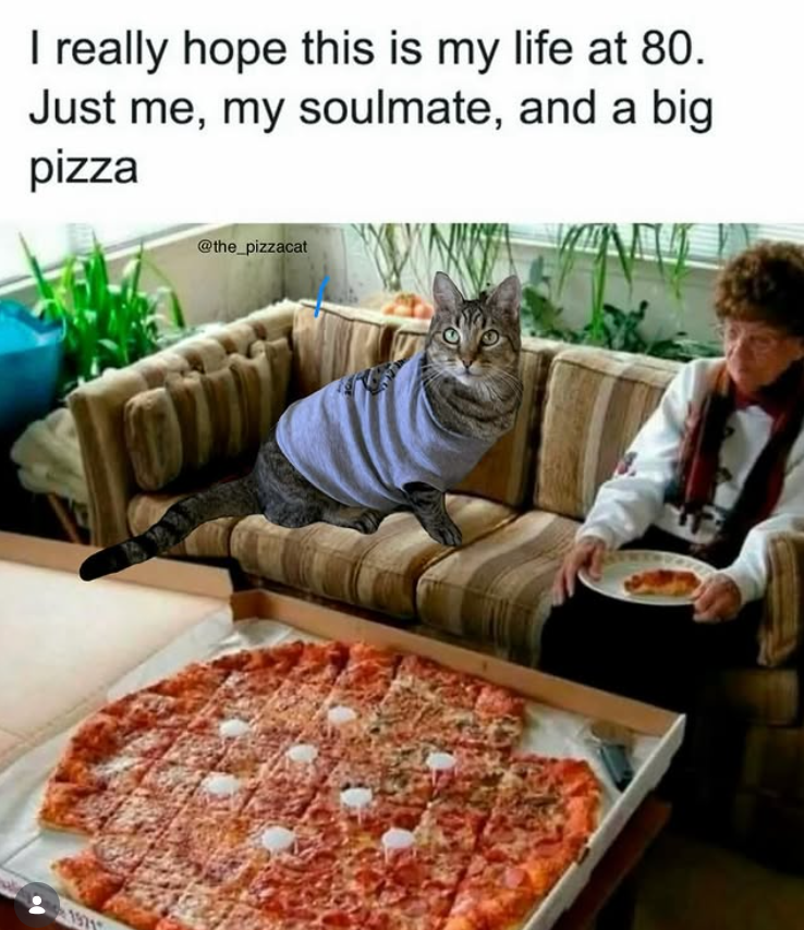 I really hope this is my life at 80. Just me, my soulmate, and a big pizza 1971 @the_pizzacat
