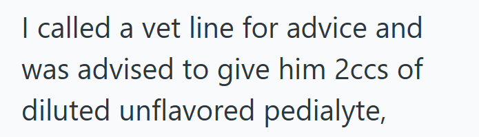 I called a vet line for advice and was advised to give him 2ccs of diluted unflavored pedialyte,
