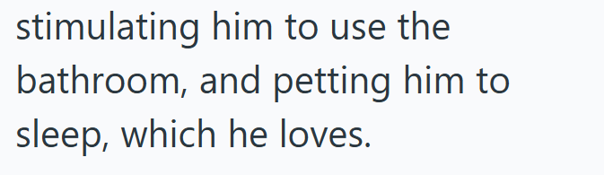 stimulating him to use the bathroom, and petting him to sleep, which he loves.