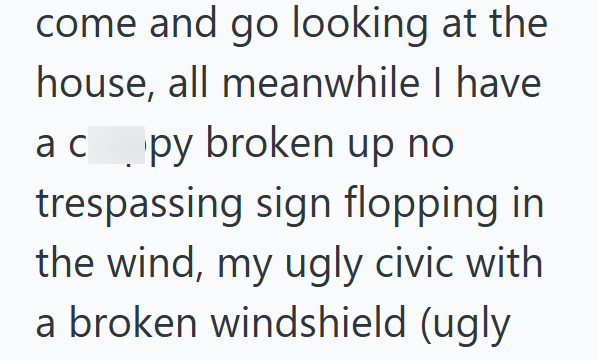 come and go looking at the house, all meanwhile I have ac py broken up no trespassing sign flopping in the wind, my ugly civic with a broken windshield (ugly