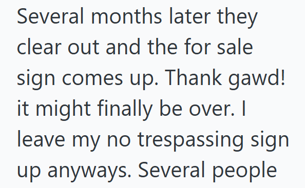 Several months later they clear out and the for sale sign comes up. Thank gawd! it might finally be over. I leave my no trespassing sign up anyways. Several people