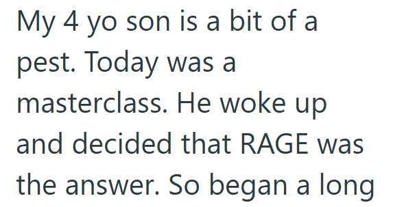 My 4 yo son is a bit of a pest. Today was a masterclass. He woke up and decided that RAGE was the answer. So began a long