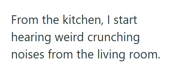 From the kitchen, I start hearing weird crunching noises from the living room.