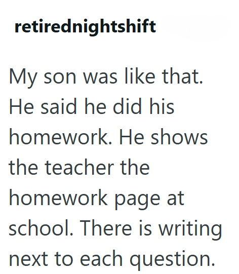 retirednightshift My son was like that. He said he did his homework. He shows the teacher the homework page at school. There is writing next to each question.
