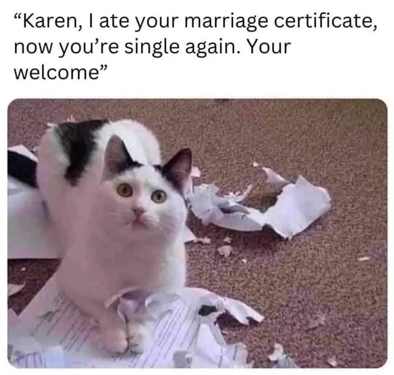 "Karen, I ate your marriage certificate, now you're single again. Your welcome"