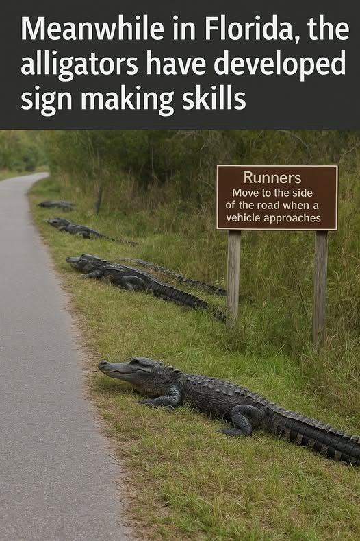 Meanwhile in Florida, the alligators have developed sign making skills Runners Move to the side of the road when a vehicle approaches