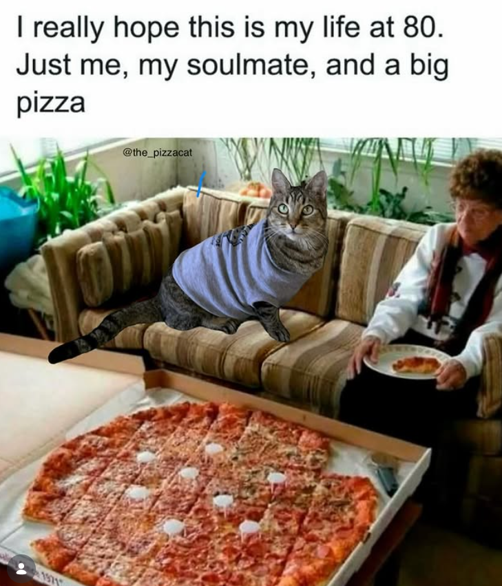 I really hope this is my life at 80. Just me, my soulmate, and a big pizza @the_pizzacat 1971
