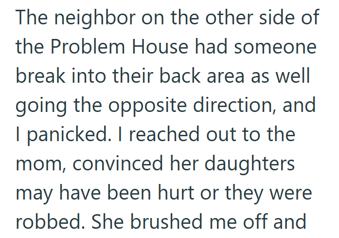 The neighbor on the other side of the Problem House had someone break into their back area as well going the opposite direction, and I panicked. I reached out to the mom, convinced her daughters may have been hurt or they were robbed. She brushed me off and
