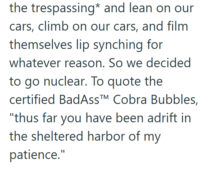 the trespassing* and lean on our cars, climb on our cars, and film themselves lip synching for whatever reason. So we decided to go nuclear. To quote the certified BadAssTM Cobra Bubbles, "thus far you have been adrift in the sheltered harbor of my patience."