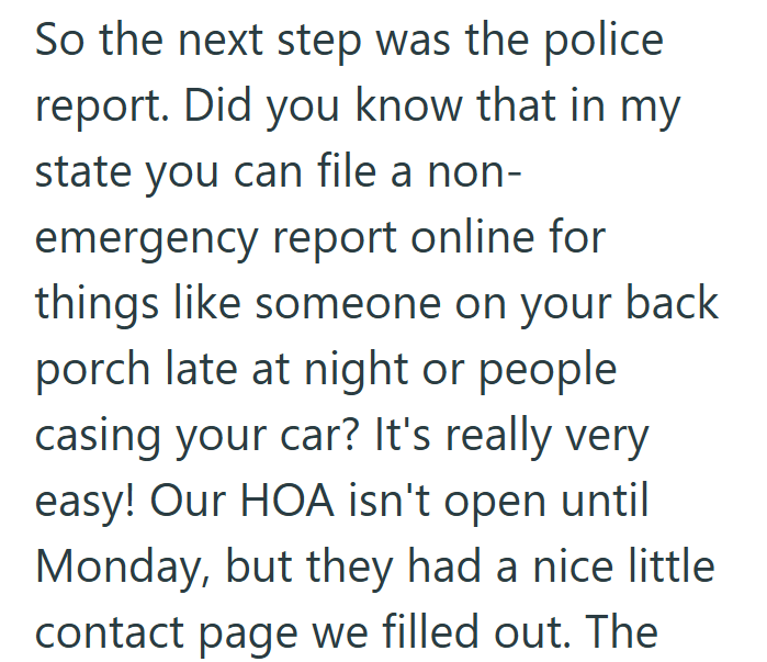 So the next step was the police report. Did you know that in my state you can file a non- emergency report online for things like someone on your back porch late at night or people casing your car? It's really very easy! Our HOA isn't open until Monday, but they had a nice little contact page we filled out. The
