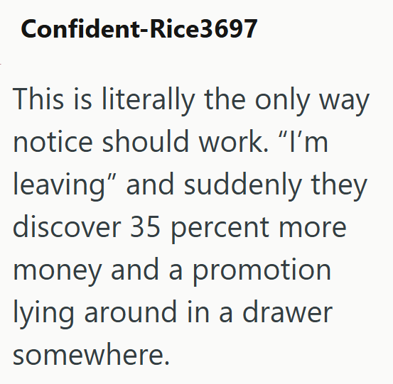 Confident-Rice3697 This is literally the only way notice should work. "I'm leaving" and suddenly they discover 35 percent more money and a promotion lying around in a drawer somewhere.