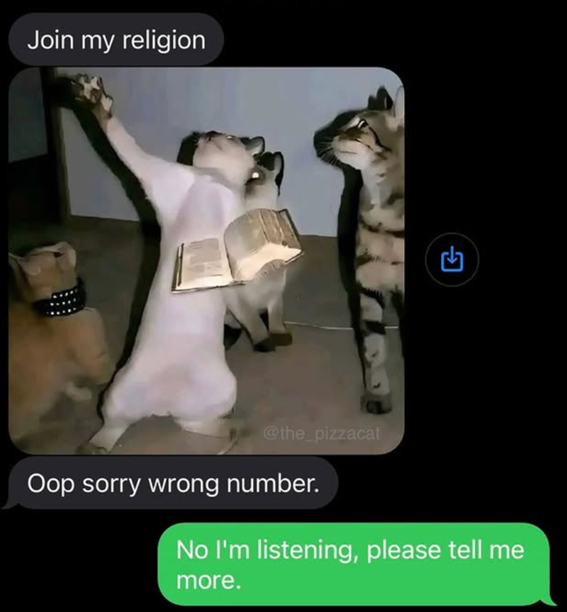 Join my religion @the_pizzacat Oop sorry wrong number. No I'm listening, please tell me more.