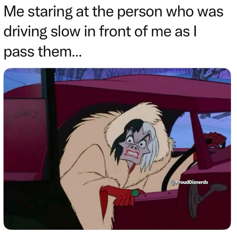 Me staring at the person who was driving slow in front of me as I pass them... @ProudDisnerds