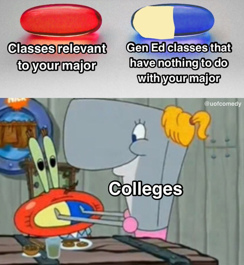 Classes relevant to your major Gen Ed classes that have nothing to do with your major @uofcomedy Colleges