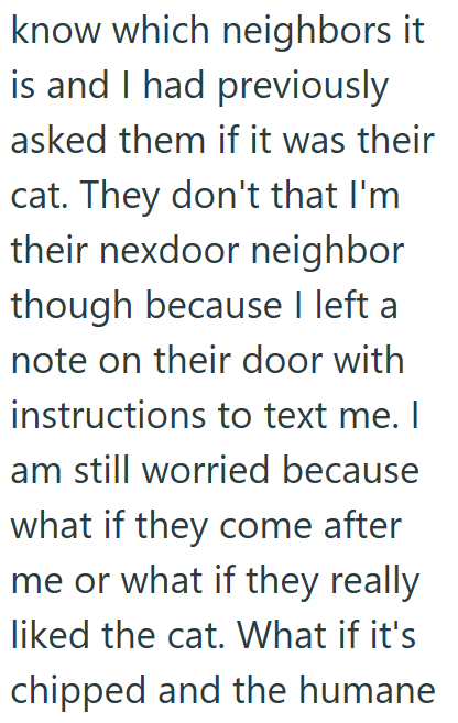 know which neighbors it is and I had previously asked them if it was their cat. They don't that I'm their nexdoor neighbor though because I left a note on their door with instructions to text me. I am still worried because what if they come after me or what if they really liked the cat. What if it's chipped and the humane