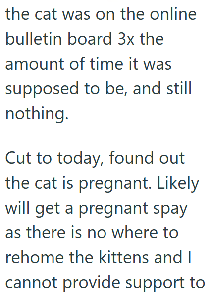 the cat was on the online bulletin board 3x the amount of time it was supposed to be, and still nothing. Cut to today, found out the cat is pregnant. Likely will get a pregnant spay as there is no where to rehome the kittens and I cannot provide support to