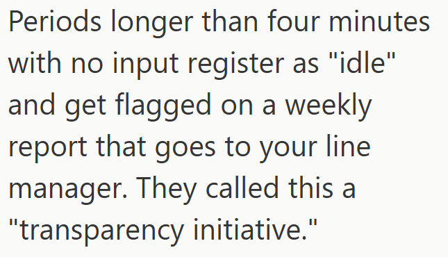 Periods longer than four minutes with no input register as "idle" and get flagged on a weekly report that goes to your line manager. They called this a "transparency initiative."