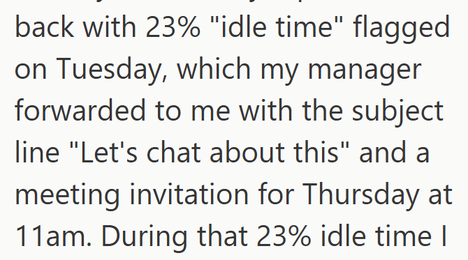 back with 23% "idle time" flagged on Tuesday, which my manager forwarded to me with the subject line "Let's chat about this" and a meeting invitation for Thursday at 11am. During that 23% idle time I