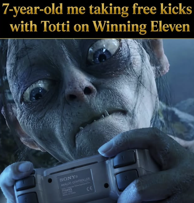 7-year-old me taking free kicks with Totti on Winning Eleven SONY ANALOG CONTROLLER Sony Computer trenament be CLIENT'S SOPM-YOCE MADE IN CHINA 2 CE