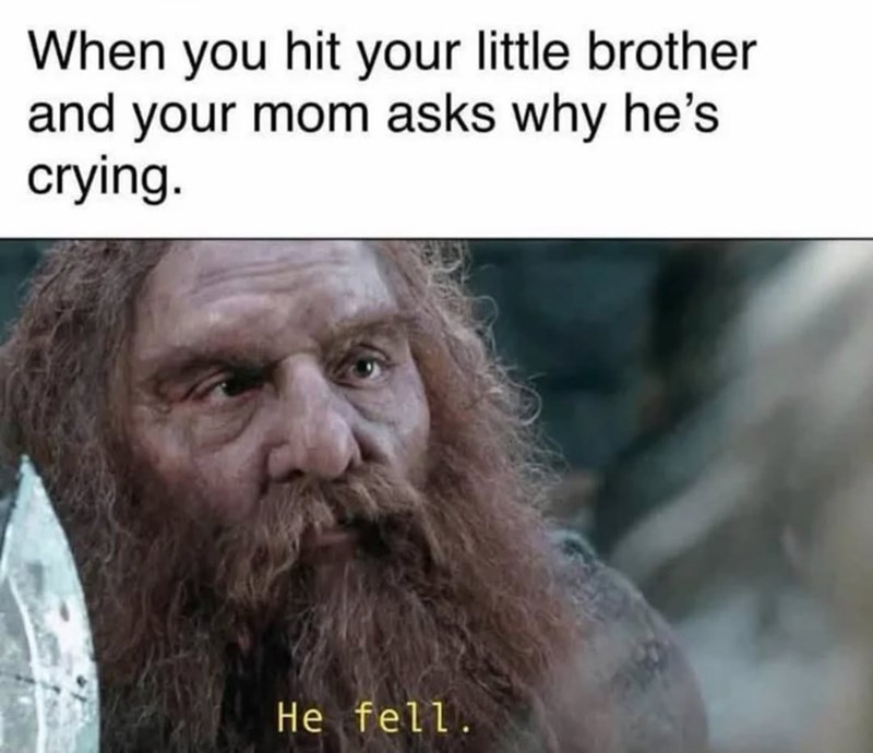 When you hit your little brother and your mom asks why he's crying. He fell.
