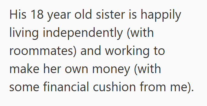 His 18 year old sister is happily living independently (with roommates) and working to make her own money (with some financial cushion from me).